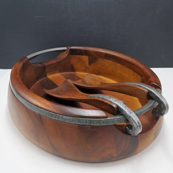 Nambe Neil Cohen Anvil 16" Wood & Metal Salad Bowl Set w/ Servers Model MT0350 - Picture 6 of 6